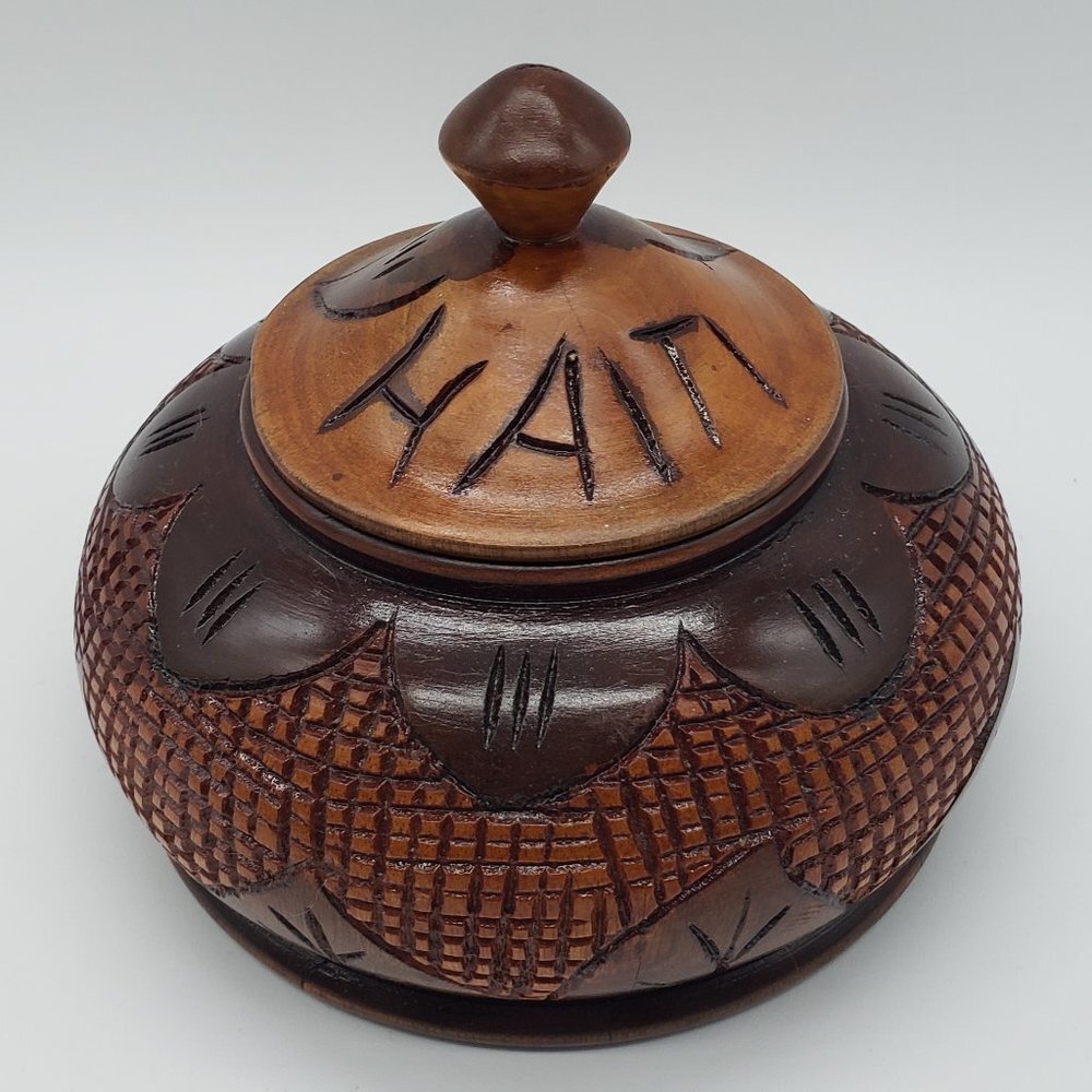 Haiti Two-Toned Hand Carved Wooden Floral Trinket Box or Bowl with Lid